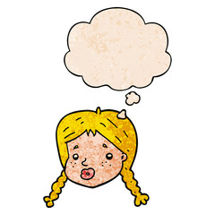 cartoon girls face and thought bubble in grunge texture pattern style