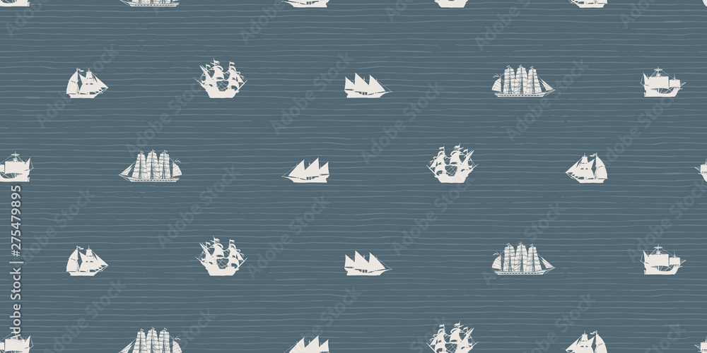 Poster vector seamless background on the theme of sea travel with various sailing ships. sea objects, eleme