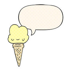 cartoon ice cream and face and speech bubble in comic book style