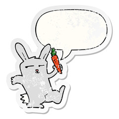 cartoon rabbit and carrot and speech bubble distressed sticker