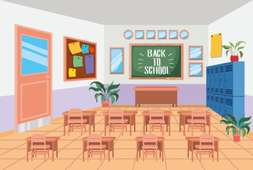 classroom school with chalkboard scene