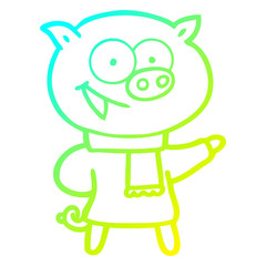 cold gradient line drawing cheerful pig wearing winter clothes cartoon