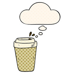 cartoon coffee cup and thought bubble in comic book style