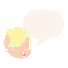 cartoon female face and speech bubble in retro style