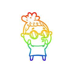 rainbow gradient line drawing cartoon woman wearing glasses