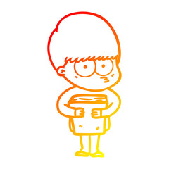 warm gradient line drawing nervous cartoon boy holding book