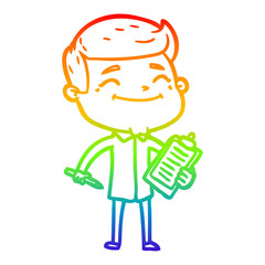 rainbow gradient line drawing happy cartoon man taking survey