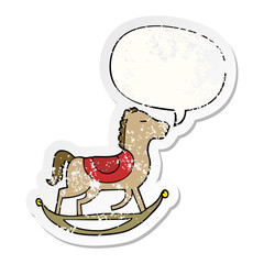 cartoon rocking horse and speech bubble distressed sticker