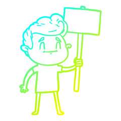 cold gradient line drawing happy cartoon man with sign