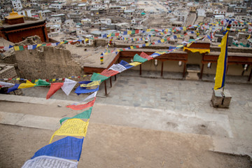 Buddhist Tibetan prayer flag colorful flag different in five color different meaning, Leh Ladakh, India on background of Himalaya mountain.