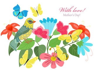 cute invitation card with colorful flowers and pretty bird for y