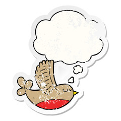 cartoon bird and thought bubble as a distressed worn sticker