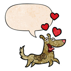 cartoon dog and love hearts and speech bubble in retro texture style
