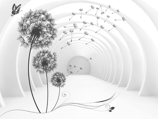 Illustration of 3D crystall ball silhouettes of dandelions pattern on decorative silver background 3D wallpaper and tunnel - obrazy, fototapety, plakaty