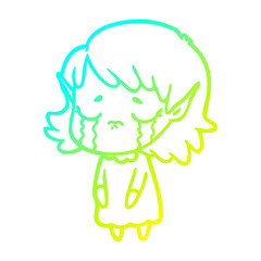 cold gradient line drawing crying cartoon elf girl