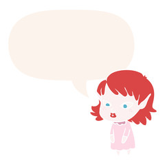 cartoon elf girl and pointy ears and speech bubble in retro style