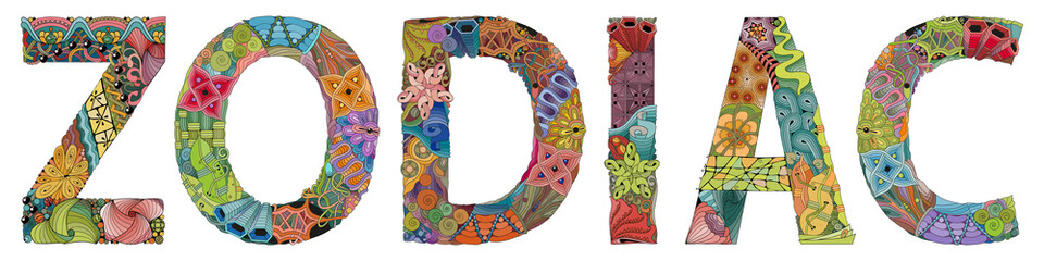 Word ZODIAC. Vector zentangle object for decoration