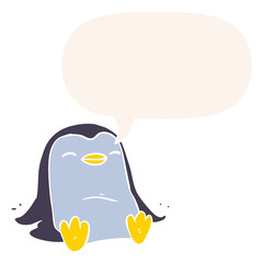 cartoon penguin and speech bubble in retro style