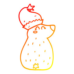 warm gradient line drawing cartoon bear wearing christmas hat