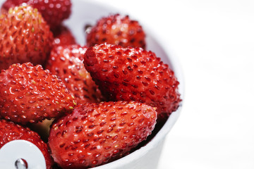 Bucket with red wild strawberry on white background