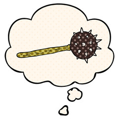 cartoon medieval mace and thought bubble in comic book style
