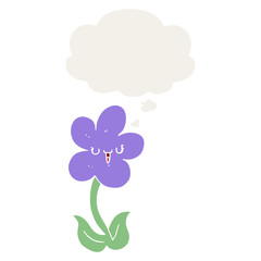 cartoon flower with happy face and thought bubble in retro style