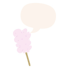 cartoon candy floss on stick and speech bubble in retro style