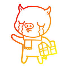 warm gradient line drawing cartoon pig crying over christmas present