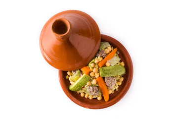 Traditional tajine with vegetables, chickpeas, meat and couscous isolated on white background. Top...