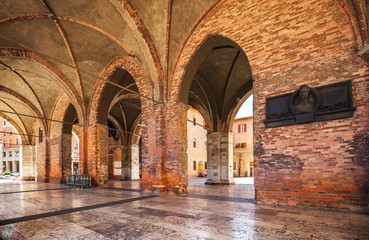 Arcades of the Gothic palace in the center of Piacenza - obrazy, fototapety, plakaty