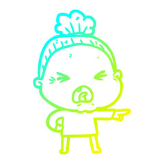 cold gradient line drawing cartoon angry old woman