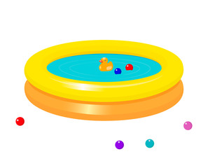 Inflatable pool with water and children's toys - balls and duck.