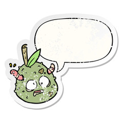cartoon rotting old pear and worm and speech bubble distressed sticker