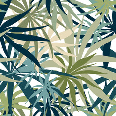Vector seamless pattern. Palm leaves minimalistic wallpaper. Hand drawn tropical background mute colors.