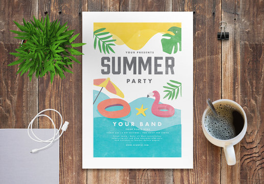 Summer Party Flyer Layout with Graphic Beach Elements