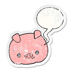 cartoon happy pig and speech bubble distressed sticker