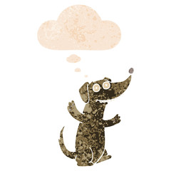 cartoon dog and thought bubble in retro textured style