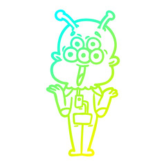 cold gradient line drawing happy cartoon alien shrugging shoulders