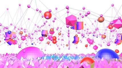 3d surface as 3d low poly abstract geometric background with modern gradient colors, red blue violet, and with 3d objects, grid. 10
