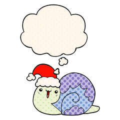 cute cartoon christmas snail and thought bubble in comic book style