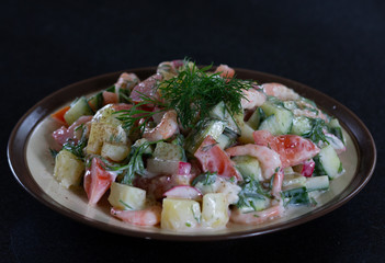 Homemade salad with shrimps and fresh vegetables sauced with yogurt decorated with fennel on plate on black table