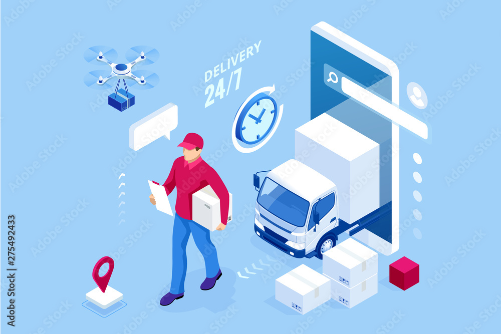 Wall mural isometric logistics and delivery concept. delivery home and office. city logistics. warehouse, truck