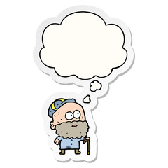 cartoon old man with walking stick and thought bubble as a printed sticker