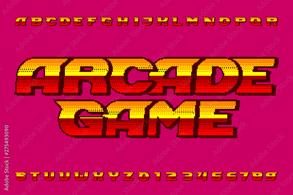Fototapete arcade game alphabet font. digital pixel colorful letters and numbers. 80s retro video game typescri