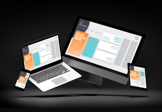 Mockup of Laptop, Desktop Computer, Tablet, and Smartphone on Dark Background