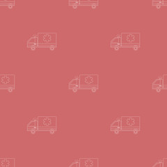 Seamless pattern with outline emergency ambulance on red background. Medical vehicle. Medicine sign. Vector illustration for design, web, wrapping paper, fabric, wallpaper.