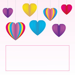 Greeting card template with hearts in paper style and space for text.
