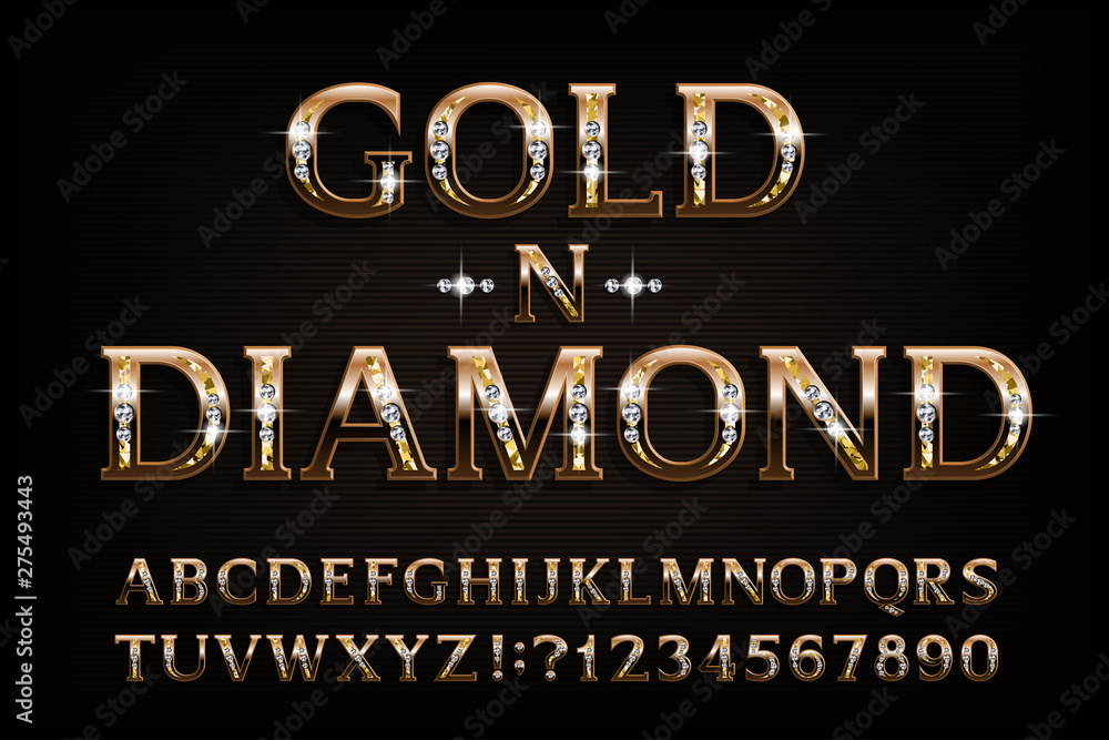 Poster gold n diamond alphabet font. serif golden letters and numbers with diamond gemstone. stock vector t