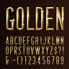 Gold alphabet narrow font. 3d beveled gold effect letters, numbers and symbols. Stock vector typescript for your design. - obrazy, fototapety, plakaty