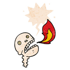 cartoon spooky halloween skull and speech bubble in retro textured style